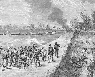 A French naval gun, deployed on a dyke, supports a marine infantry attack on the Vietnamese positions at Gia Cuc (Gia Quất)