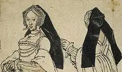 Front and back views of a box-backed gable hood of c. 1528–30. Detail of a drawing by Holbein