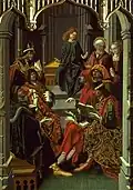 Alphabetic gestures have been discovered in hundreds of medieval and renaissance paintings.[31] The above is from Fernando Gallego's retablo panels, 1480–1488, in Ciudad Rodrigo.