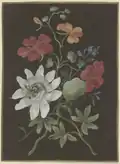 Gesteck aus Passionsblume (Passiflora), roter Kapuzinerkresse (Tropaeplum) und Vergißmeinnicht (Myosotis), mit blauem Käfer