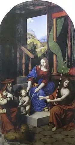 Painting depicting a group formed by a seated woman facing a child riding a lamb and framed by a young man pointing at the latter and an old man looking on.