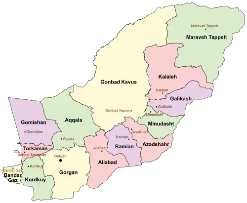 Location of Gonbad-e Kavus County in&nbsp;Golestan&nbsp;province (top,&nbsp;yellow)