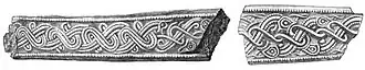 Black and white drawing of two iron fragments from the Vendel XIV grave