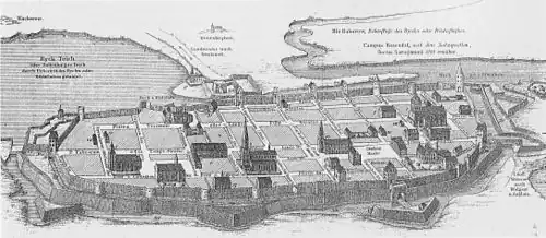 Map of medieval Greifswald showing Boltenhäg(en)er Teich and the confluence of the Baberow, neither of which now exist.