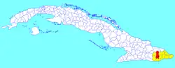 Guantánamo municipality (red) within Guantánamo Province (yellow) and Cuba