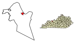 Location of Hawesville in Hancock County, Kentucky.