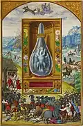 Fourth Treatise: white bird with three crowned heads in glass vessel. Scene below a silver heavenly chariot drawn by wolves, driven by a knight bearing the signs for Capricorn and Cancer on its wheels.