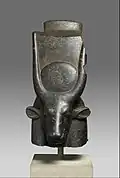 Head of a cow goddess (Hathor or Mehet-Weret); 1390-1352 BC; height: 53.6&nbsp;cm (21.1&nbsp;in), width: 28&nbsp;cm (11&nbsp;in), depth: 33&nbsp;cm (13&nbsp;in); Metropolitan Museum of Art (New York City)