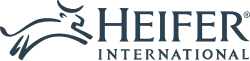 A simple line drawing of a cow jumping beside the words Heifer International