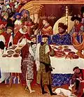 Medieval painting by the Limbourg brothers showing a lord wearing a belt bag with a bollock dagger, c. 1416