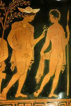 Hermes wearing a petasos hat, Attic red-figure krater, c. 380–370 BC