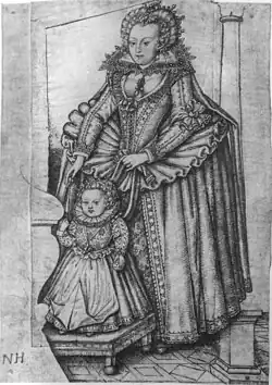 Nicholas Hilliard, Elizabeth Stuart, Electress Palatine, and her son Frederick Henry, with leading strings, 1615