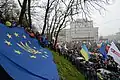 European flag with the Ukrainian trident at a pro-EU rally in Kyiv, Ukraine, on 24 November 2013