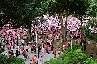 Looking down at a very large crowd of people dressed in shades of pink in Hong Lim Park