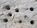 Close up view of bedrock mortars
