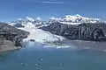 Looking north from Icy Bay to Mount Huxley above Yahtse Glacier, and Mount St. Elias to right