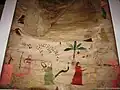 Illustrations of female figures on a chola (chogha) robe that is said to have belonged to Guru Nanak which was made by and given as a gift by his sister, Bebe Nanaki