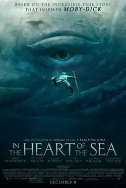 Underwater, the giant eye of a great white whale. In the foreground floats a man holding a harpoon.