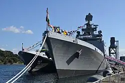 INS Sahyadri and KDB Darulaman at Fleet Base East, Australia on 7 October 2013.