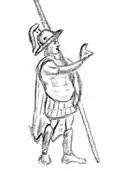 Menander II equipped with a cuirass, lamellar armour for the thighs, and greaves, and making a blessing gesture. This is the obverse figure of an Indian-standard square coin of Menander II, with walking lion on the reverse.[1]