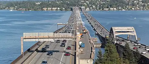 A pair of floating bridges