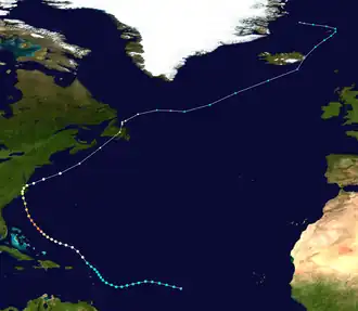 The storm forms east if the Lesser Antilles. The storm path of Ione takes it over the Lesser Antilles as a tropical storm and then it heads between west-northwest towards North Carolina. It becomes a major hurricane north of The Bahamas and makes landfall in North Carolina as a Category&nbsp;1. The storm then hooks sharply northeast overland then races off the coast of North Carolina toward the extreme Northern Atlantic.