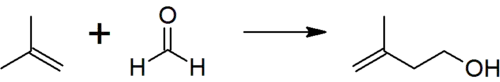 The reaction of isobutene with formaldehyde to give isoprenol, the first step in the industrial manufacture of prenol