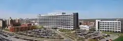 View of James J. Peters VA Medical Center main building on left, research building on right.