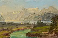 The Muota, Brunnen, Lake Lucerne and Uri Rotstock around 1870. Oil sketch (6.5 × 10&nbsp;cm) by Heinrich Müller