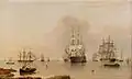 "H.M.S. Britannia at Anchor with the Fleet", oil on canvas