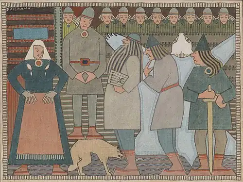 Arrival of Väinämöinen, Ilmarinen and Lemminkäinen at Pohjola, tempera by Joseph Alanen [fi]