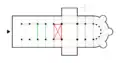 The transverse arches are highlighted in green on a plan of a church