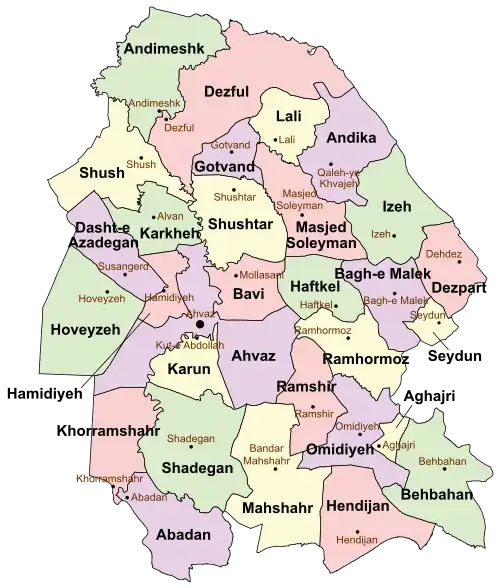 Location of Dasht-e Azadegan County in&nbsp;Khuzestan&nbsp;province (center&nbsp;left,&nbsp;purple)