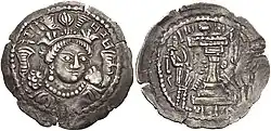 Kidara facing, with a legend in his own name. Brahmi legend: Ki-da-ra Ku-ṣa-ṇa-ṣa "Kidara the Kushana king".