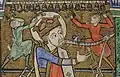 1170 A.D., Scotland. Kind David tuning harp while musicians play bells, detail from Hunterian Psalter Glasgow University Library MS Hunter 229 (U.3.2), folio 21V.