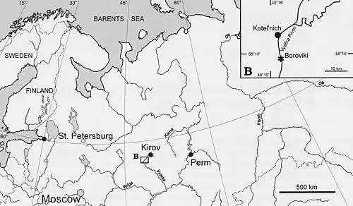 Map showing the Kotelnich locality in Russia where Nochnitsa was found