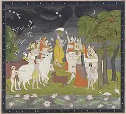 Krishna playing flute, ca. 1790–1800, Guler/Kangra region. Opaque watercolor and gold on paper.