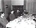 German propaganda aide to Joseph Goebbels, General Kurt Dittmar (second from the right), his son Berend (third from the right) and Major General Leland S. Hobbs (extreme right) on April 25, 1945, in Magdeburg.
