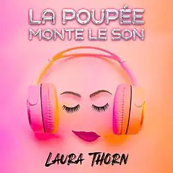 Cover of the single featuring a face pleasently wearing a pair of headphones. The cover has a bright pink colour scheme, and the title and author names are on the top and bottom of the cover.