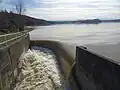 Lake water flowing towards the weir during the February 2021 flood.