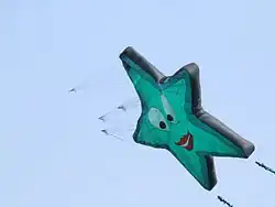 Star-shaped kite above a meadow south of Hockenheim. This sparless, ram-air inflated kite, has a complex bridle formed of many strings attached to the face of the wing.