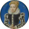 Katherine Grey, Countess of Hertford by Levina Teerlinc. The Victoria and Albert Museum, P.21-1954. Heavily overpainted. The date of '1549' is a later addition and the costume is typical of Mary’s reign which would accord with the age of the sitter, about fifteen to twenty, circa 1555-60[20]