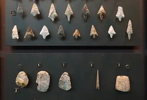 Outils du Néolithique récent, échelle : H. d'un numéro : Template:Unité. Tumulus du Montabout, Pamproux (Deux-Sèvres).