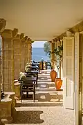 Western building’s outside balcony.