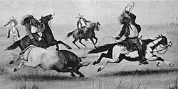 Lassoing and heeling a wild bull on the open range (team roping).