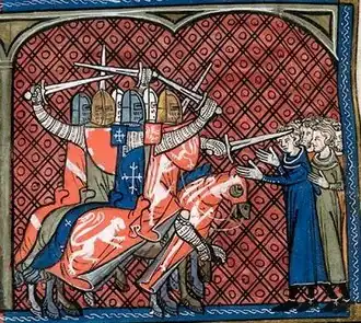 A miniature depicting knights attacking unarmed people with swords