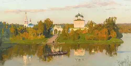 Detail of Evening Bells focusing on the upper part of the picture depicting a monastery, river and a boat with several rowers