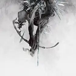 A monochrome archer pointing and aiming downwards imposed onto a predominantly white and light grey background.