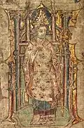 Folio 3v. A bishop, possibly St.Peblig, blessing and wearing a mitre, and holding a crosier.