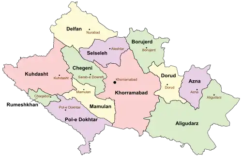 Location of Delfan County in&nbsp;Lorestan&nbsp;province (top, yellow)